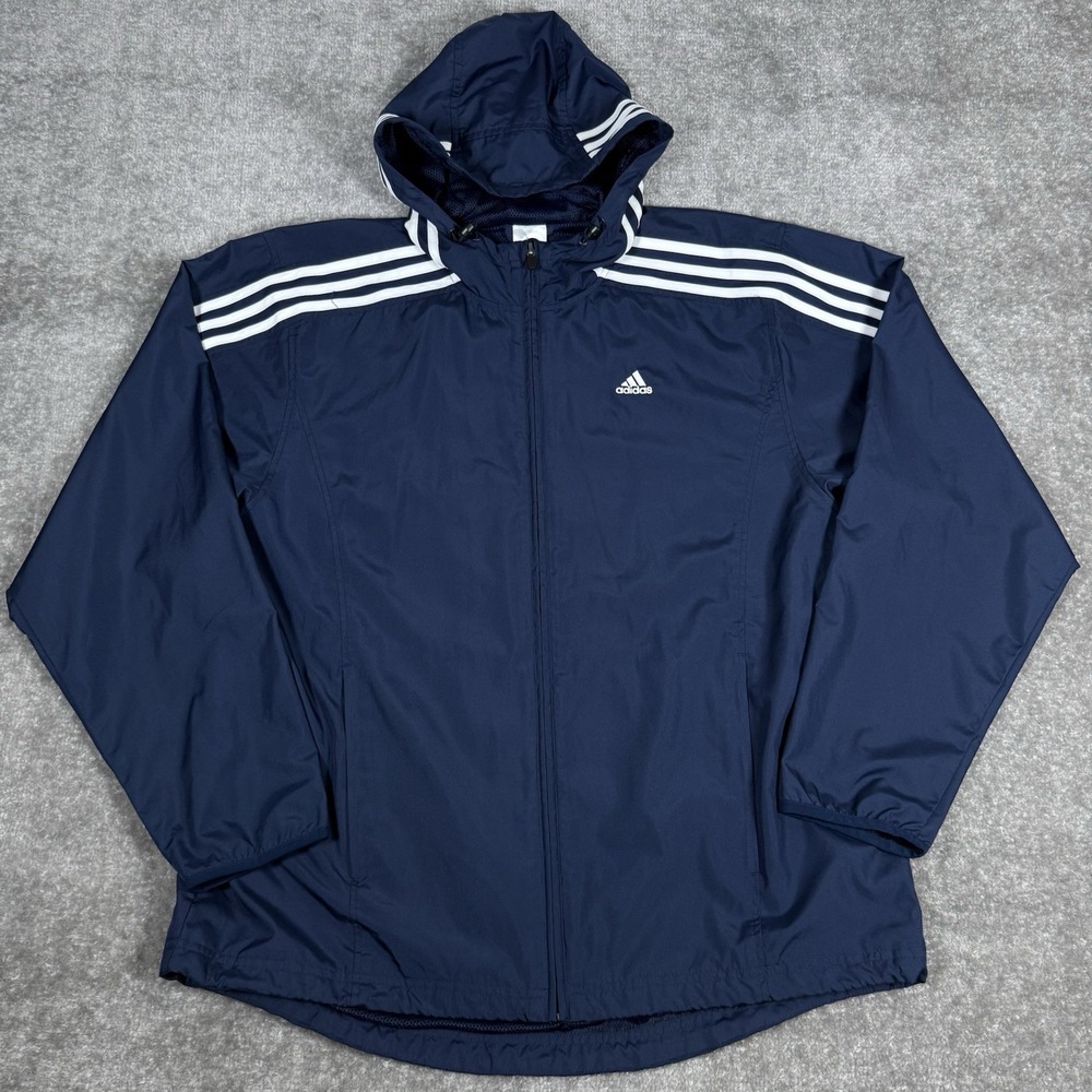 Adidas Windbreaker Jacket Men's Medium Navy Blue Mesh Lined Hooded Full Zip